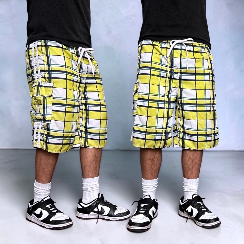 OP Ocean Pacific Plaid Board Shorts Yellow Skater Cargo Y2K Size Large